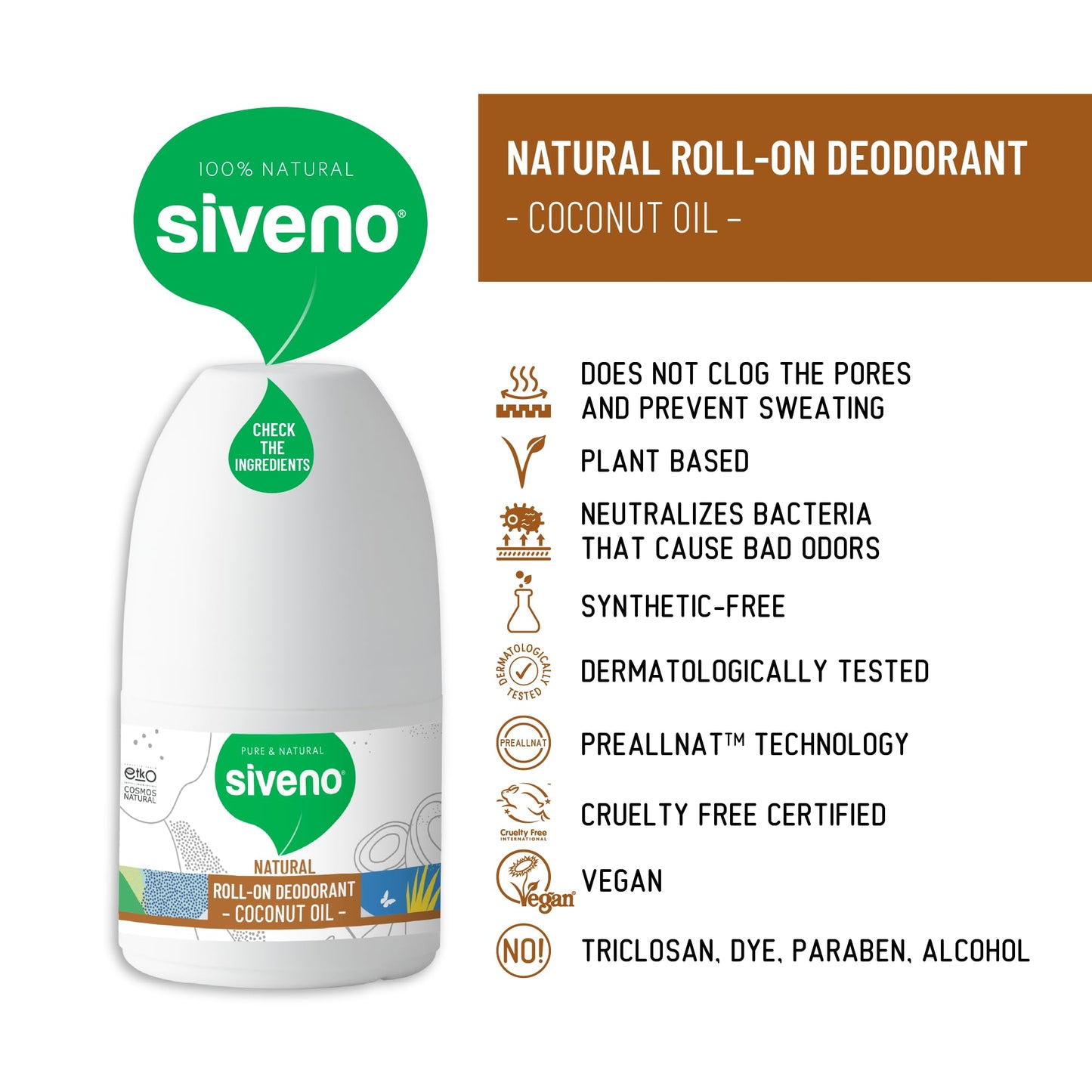 Siveno, All Natural Deodorant Roll-On | Aluminum Free Deodorant for Women & Men | Organic, Vegan | Fresh, Non Staining, Non Irritating | Cruelty Free, Non Toxic, Paraben Free | Coconut Oil, Pack of 1