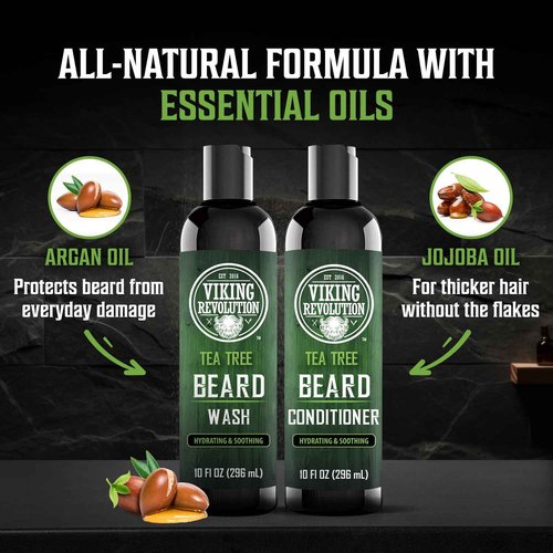 Viking Revolution Tea Tree Oil Beard Wash and Beard Conditioner For Men - Natural Beard Softener Set with Argan Oil, Vitamin E and Ginseng - Tea Tree Beard Shampoo and Conditioner Set (10 Oz)