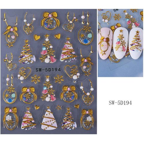 5D Embossed Christmas Nail Stickers for Nail Art - Gold Glitter Nail Art Stickers Xmas Tree Elk Deer Nail Decals Cartoon Nail Supplies for Women DIY Christmas Decorations 2 Sheets