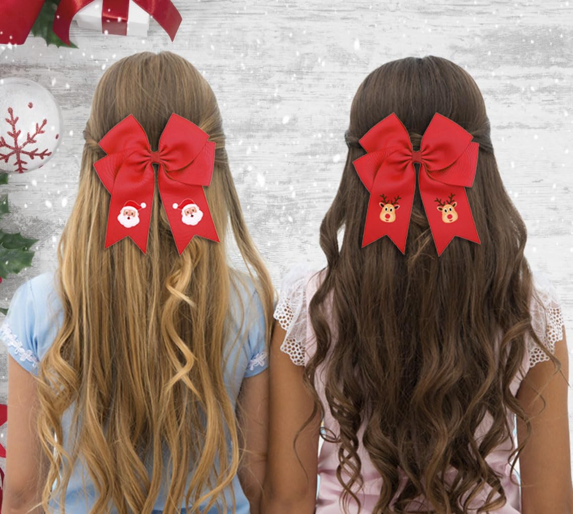 2PCS Santa Reindeer Hair Bow Large Red Christmas Hair Bows For Girls Women, Christmas Hair Clips Santa Reindeer Hair Accessories, Christmas Party Favors Holiday Costume Accessories Gift