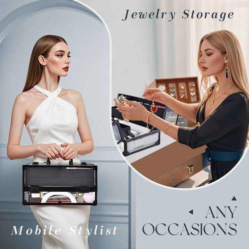 FRENESSA Portable Makeup Case Cosmetics Display Toiletry Organizer Box Transparent Acrylic Artists Train Case with 4 Trays Travel Makeup Tools Storage for Vanity Counter Dresser Organizer Black