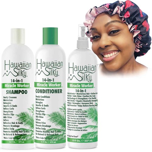 Zomac Satin Bonnet with 14 in 1 Miracle Worker Hair Moisturizer, Shampoo, and Conditioner Gift Set. Includes Gift Bag. Pamper Yourself or a Friend (Hearts)
