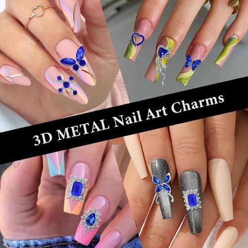 editTime 24pcs Silver Metal Alloy 3D Luxury Nail Rhinestones Kit Punk Y2K Star Moon Heart Love Butterfly Cross Crown Rhomboid Rhomboid Balloon Pendant Flat Back Nail Charms Decoration (blue-24pcs)