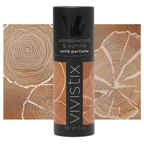 Vivistix Solid Perfume Stick | Sandalwood + Vanilla scent | Portable, clean, warm, woodsy, vanilla, gourmand, calming, travel perfume | Made in the USA | No parabens, phthalates, or preservatives