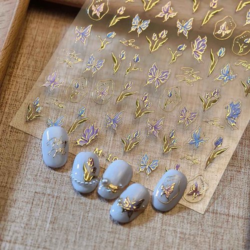 1 Sheets Spring Nail Decals for Nail Art Bronzing Flower Nail Art Stickers Self-Adhesive Butterfly Nail Decals Gold Butterfly Floral Nail Design Decals for Women Nail Supplies