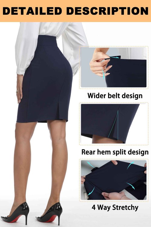 iChosy Women's Stretchy Knee Length High Waist Work Business Bodycon Midi Ponte Pencil Skirt Navy S
