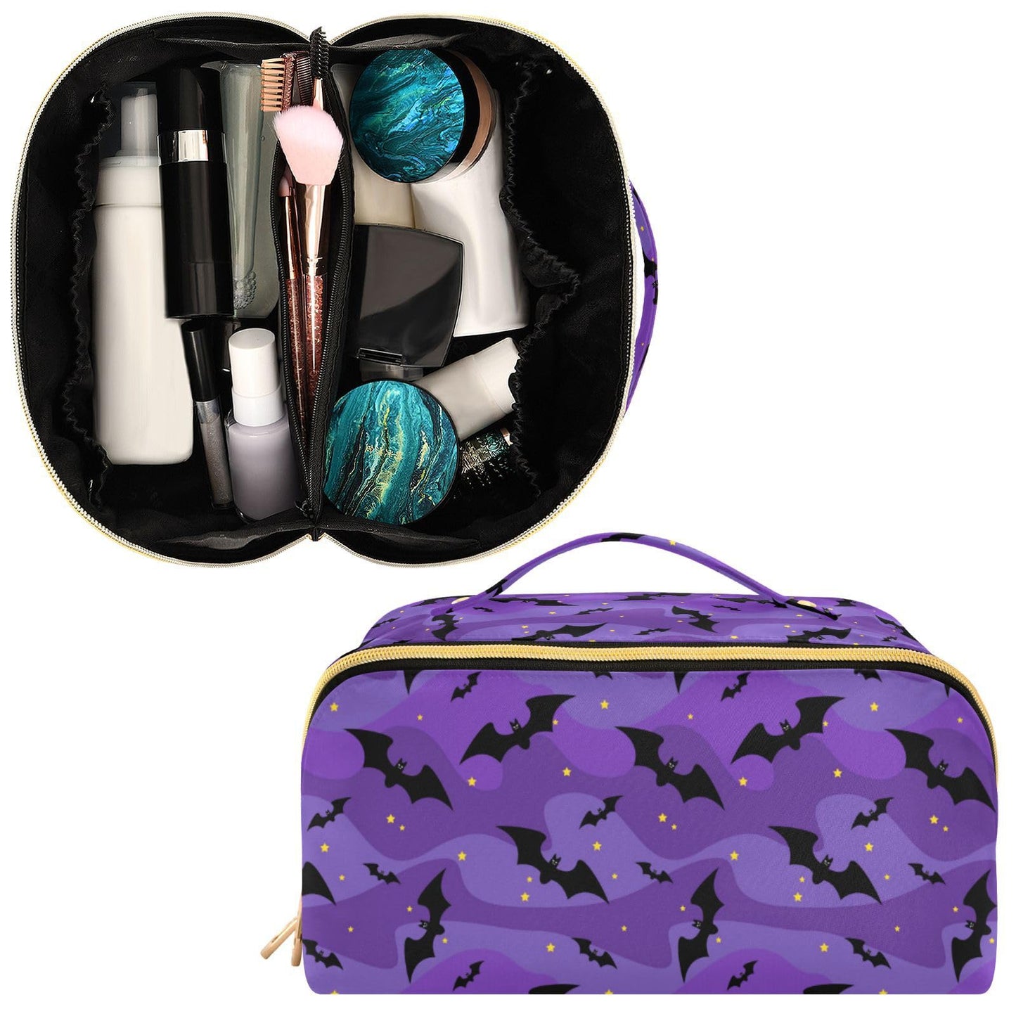 Makeup Organizer Bag, Halloween Black Bats Night Sky with Stars Travel Makeup Bags Makeup Vanity Case Large Capacity Rhombus Cosmetic Toiletry Bag for Girl Women Ladies