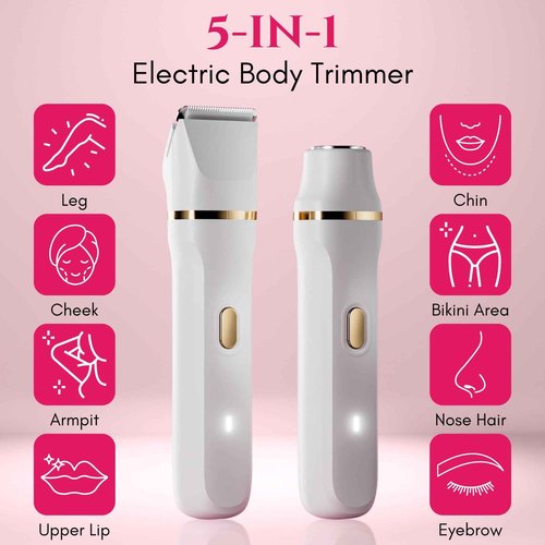 Paradise Bliss Quality 5-in-1 Bikini Trimmer Electric Razors with USB Cord, Excellent Facial Hair Elimination, Wet/Dry Body Shaver for Nose, Eyebrows, Beard, Leg, and Arm, IPX7 Waterproof (White)