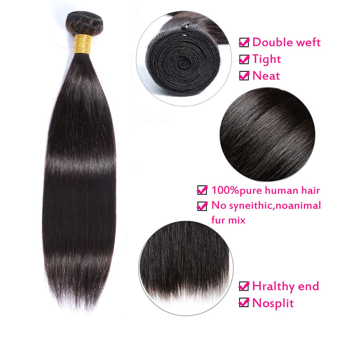 Selina Brazilian Virgin Hair Straight 12 14 16Inch (100g/3.52Oz,Natural Black Color) Human Hair Weave 100% Unprocessed Human Hair Bundles Straight Remy Hair Extensions (12" 14" 16", Straight)