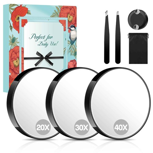 MIYADIVA Magnifying Mirror Set, 20x&30x&40x Suction Cup Makeup Mirror, 2 Tweezers & Storage Bag, 3.5 Inch Compact Mirror for Travel, Bathroom, Home, Gifts for Women