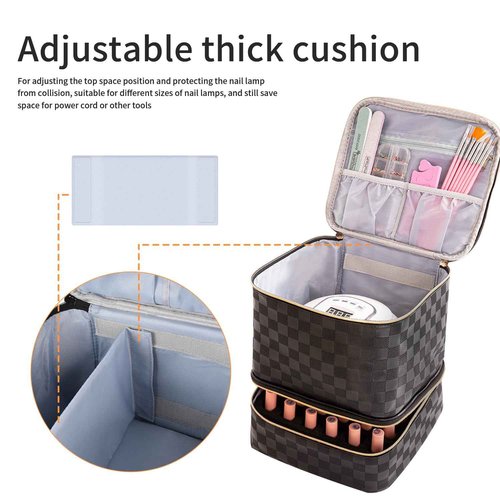 KGMCARE Portable Nail Polish Organizer Bag with UV Light Case - Holds 30 Bottles and 1 UV Nail Lamp, Double-Layers Nail Dryer Case for Gel Nail Polish Kit, Nail Art Decorations（Checkered Black）