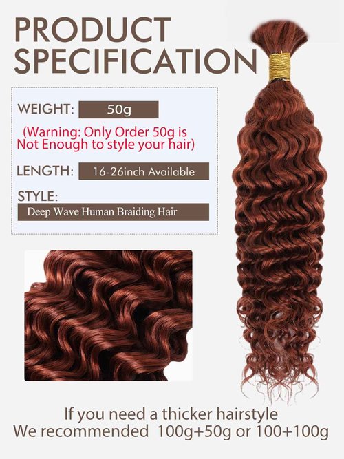 350 Braiding Hair 1 Bundle 50g 22 Inch Dark Ginger Braiding Hair Copper Braiding Hair Extensions Deep Water Wave Bulk Human Hair for Braiding 100% 12A Brazilian Human Bariding Hair for Boho Braids