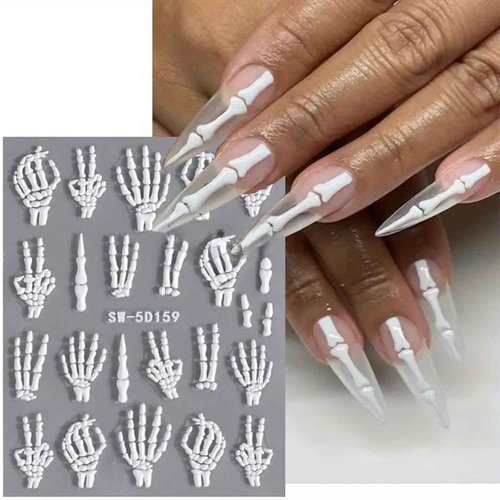 2Pcs Halloween Nail Art Stickers Skull Nail Decals 5D Embossed with Fantasy Bone Skeleton Design Nail Stickers White Hand Finger Bones Nail Art Supplies Adhesive Nail Stickers for Nail Art for Women