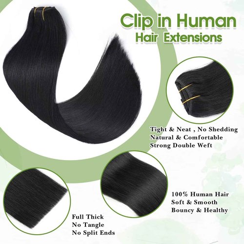 Jet Black Clip in Hair Extensions Real Human Hair 14inch Human Hair Clip in Extensions Black Human Hair Extensions Clip ins 100% Brazilian Remy Human Hair for Women Straight 8pcs Double Weft