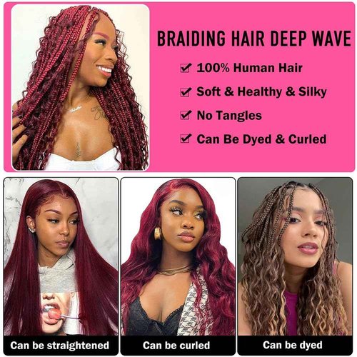 Deep Curly Human Braiding Hair for Boho Braids Burgundy Deep Water Wave Human Hair Braiding Hair No Weft Hair Bundles for Bohemian Knotless Braids 20 22 Inch Bulk Human Hair for Braiding 50g/Bundle