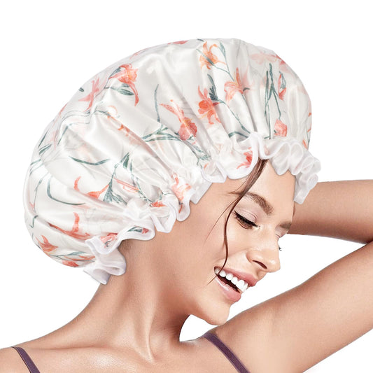 Aquior Shower Cap for Women, Reusable Shower Caps Double Layer Waterproof Womens Girls Adult Hair Cap for all Hair Lengths with EVA Lining, Soft Shower Caps for Long Thick Hair