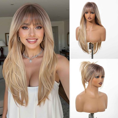 testar Long Blonde Straight Wigs With Bangs Long Ombre Blonde Synthetic Layered Wigs for Women Daily Use 26IN
