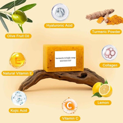 Turmeric Soap + African Net Sponge, Lemon Turmeric Kojic Soap Bar for Spots Remover, Organic Skin Care Soaps for Face and Body, Evens Skin Tone Exfoliator Deep Cleansing Moisturizing