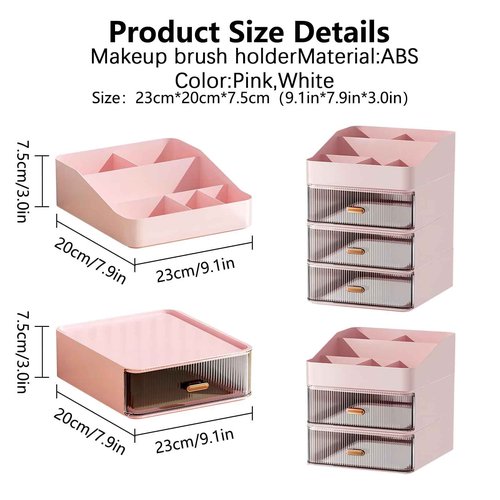 DASITON 6 Slots Makeup Brush Holder,Makeup Organizer,Makeup Brush Holder with 2 Drawers,Divided Makeup and Makeup Storage Holder,for Cosmetics(Pink-F1)