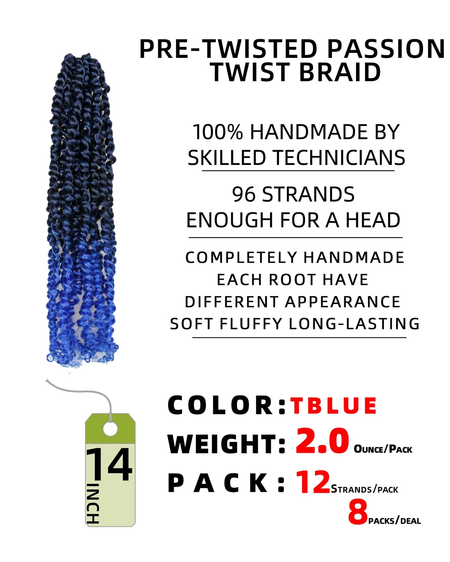 crochet twists pre looped-14 Inches 8 Packs Passion Twist Crochet Hair for Black Women and Kids-Omber Blue,Soft Lightweight Hair Extension(14"-8 Packs,T1B/Blue)