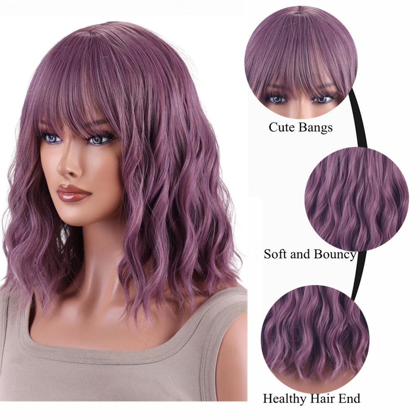 AneShe Purple Wig Short Purple Wavy Bob Wig for Women Curly Synthetic Hair Wig With Air Bangs Shoulder Length Colored Costume Wigs for Party Cosplay (14" Taro Purple)