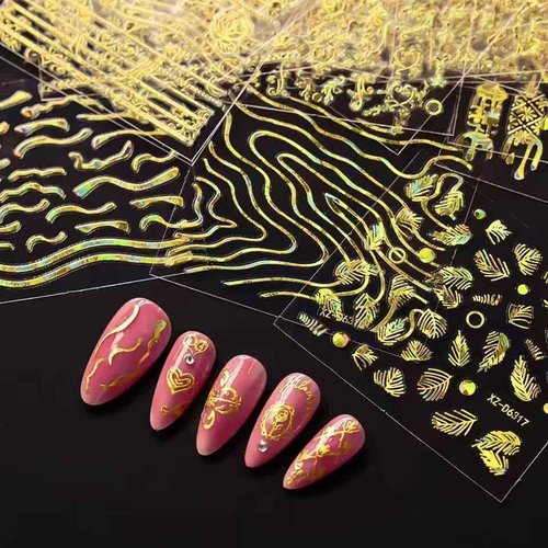 30 Sheets Gold Line Nail Art Stickers Gold Leaf Flower Nail Decals 3D Self-Adhesive Nail Art Supplies Charms for Nails Art Manicure Tips Decoration