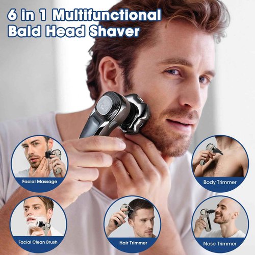 Suttik Head Shavers for Bald Men, 6-in-1 Electric Razor, IPX6 Waterproof Shaving Grooming Kit for Balder - LED Display & Magnetic 5D Rotary Shaver