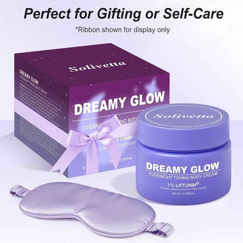 Solivetta Dreamy Glow Overnight Toning Whip Cream – Anti Cellulite & Tightening Loose Skin for Body – LIFTONIN® Get Firming Cream with Satin Eye Mask 3.38 fl oz