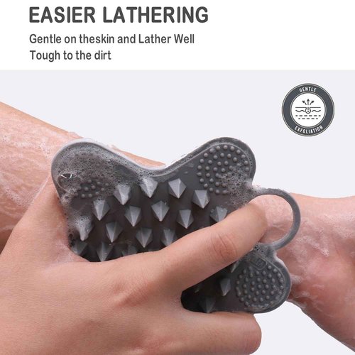 LUCKSTELLA 2 in 1 Silicone Body Scrubber, Food-Grade Silicone Body Brush for Shower, Gentle Exfoliating and Lather Well, Gentle Scrubber for Sensitive Skin, Easy-to-Clean(Grey,1-Pack)