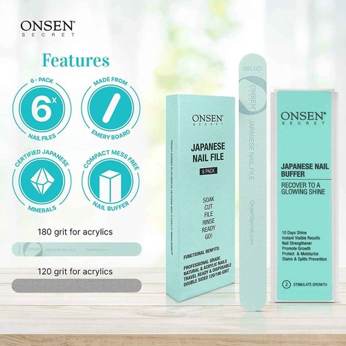 Onsen Secret Cuticle Conditioner Cream 15ml, 3 Way Japanese Nail Buffer Block, 6pcs Nail File Dual Grit. Cuticle Oil Nail Care Serum Sooth, Repair & Strengthen Cuticles & Nails + Shape & Shine Kit