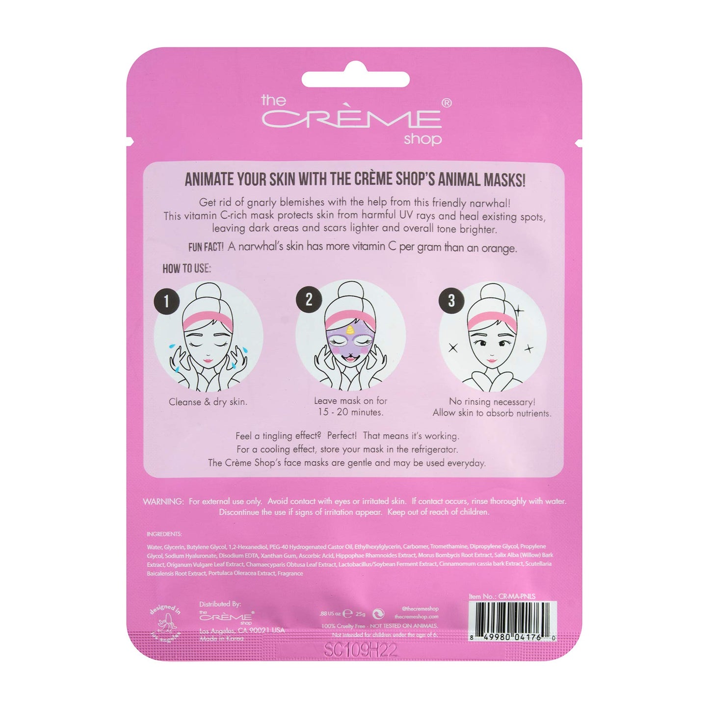 The Creme Shop Animal Sheet Mask, Korean, Hydrating, Collagen, Vitamin C, Anti-Aging - Pack of 3 - Infused with Brightening Vitamin C