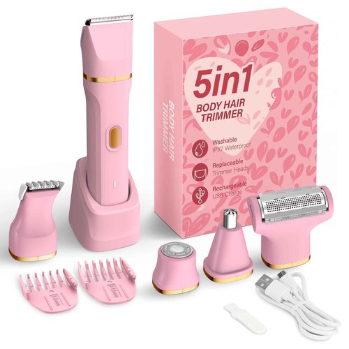 KINGTEE 5-in-1 Electric Bikini Trimmer for Women – IPX7 Waterproof Shaver, Cordless Body & Facial Razors for Women, Ceramic Blades, USB-C Rechargeable, Painless Hair Removal Kit (Pink)