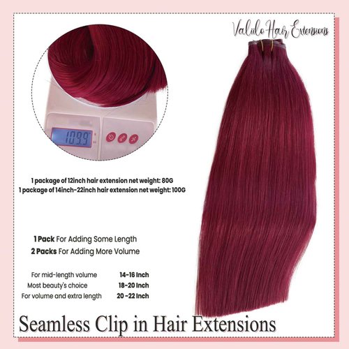 Hair Extensions Burgundy Clip in Hair Extension Real Human Hair Clip on Hair Extensions for Women 16 Inch 100G 7 Pcs