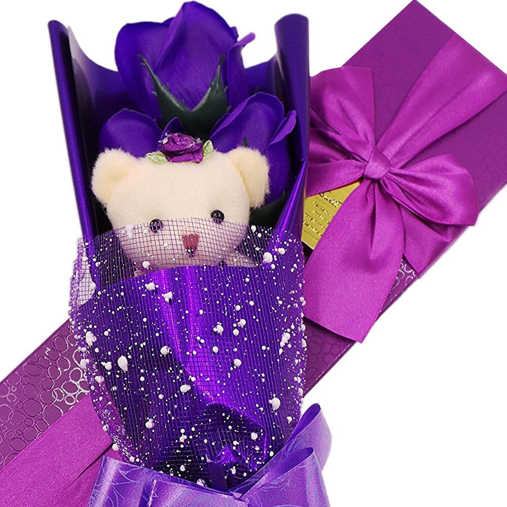 Abbie Home Flower Bouquet 3 Scented Soap Roses Gift Box with Cute Teddy Bear for Her Him Valentine's Day Anniversary Wedding Mothers Day Birthday Gift and Proposal (Purple)