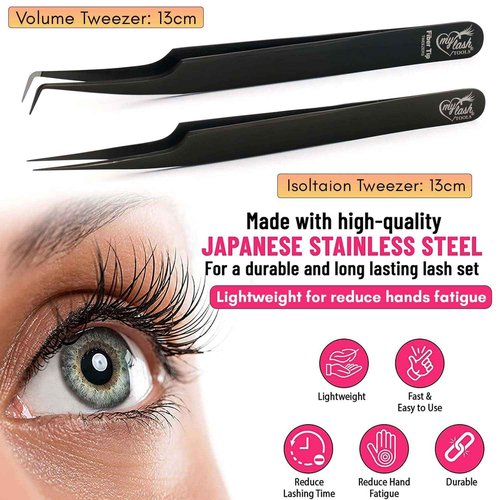 My Lash Tools 2Pcs Fiber Tip Lash Tweezers for Eyelash Extensions and Straight Isolation Tweezer Set – Professional Precision Fan Making, Mega Volume Boot Lashing, Classic & Mink Eyelashes, Black