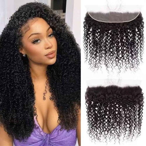 13x4 Lace Frontal Closure Kinky Curly Ear to Ear HD Lace Frontal Pre Plucked with Baby Hair 16 Inch Free Part Brazilian Human Hair Extensions 150% Density Natural Black