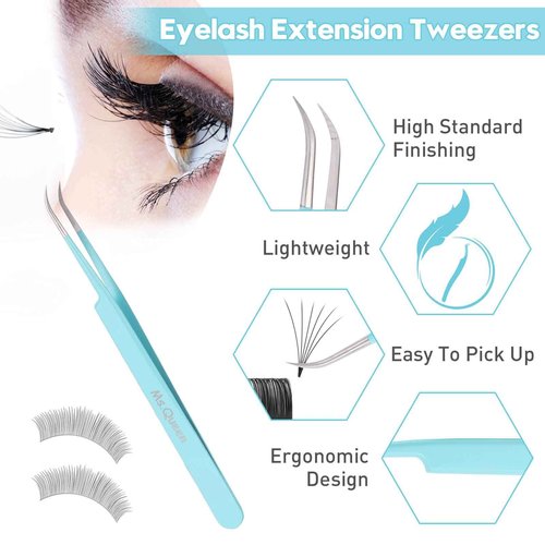 Ms.Queen Eyelash Extension Tweezers Set - Fiber Tip Isolation & 90 Degree Mega Volume Tweezers, Blue