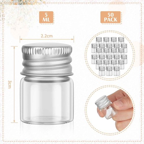 Tessco for you 100 Pcs 5 ml Mini Glass Bottles with Aluminum Cap Tiny Jars Mini Glass Jars Small Clear Vials with Screw Caps Tiny Containers for DIY Craft Storage (Silver)