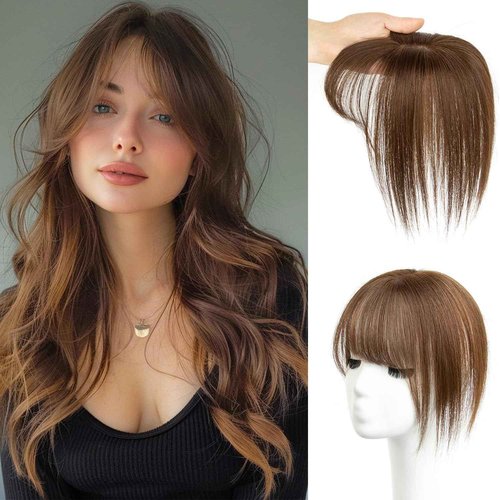 EAVFEFE 14" Long Hair Toppers for Women - Real Human Hair 4# Medium Brown, 360° Full Cover with Bangs & 2 Clips | Volumizing for Thinning Hair (14in 4#)