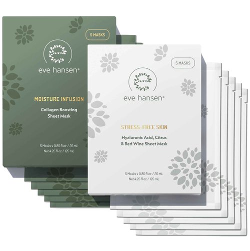 Eve Hansen Sheet Masks Set | Collagen and Hydrating Face Mask Sheet with Hyaluronic Acid, Red Wine Extract | 10x