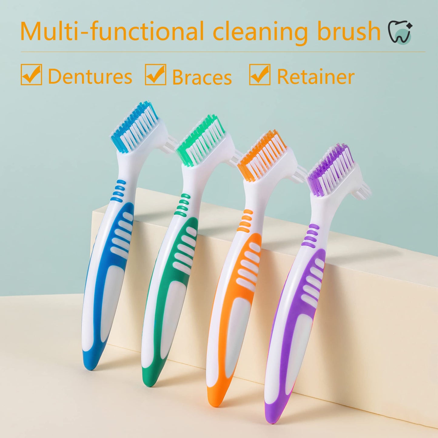 Octuitey Denture Brush 4Pcs Denture Toothbrushes，Denture Cleaning Care Cleaning Brush ，Double Sided Toothbrush，Multi-Layered Bristles and Rubber Anti-Slip Handle (Purple, Green, Blue, Orange)