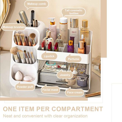 HEVOY Makeup Organizer with Drawer, Skincare Products Perfume Desk Storage Box, Beauty Holder Rack for Lipstick Brush Eyeliner, Cosmetic Display Case for Dresser Countertop & Bathroom Vanity (Pink)