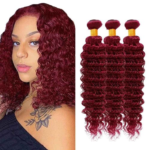 Hydtxc Curly Bundles Human Hair 99J Burgundy 8 10 12 Inch Deep Wave Human Hair Bundles Wine Red Unprocessed Brazilian Virgin Hair Double Weft Quick Weave for Black Women