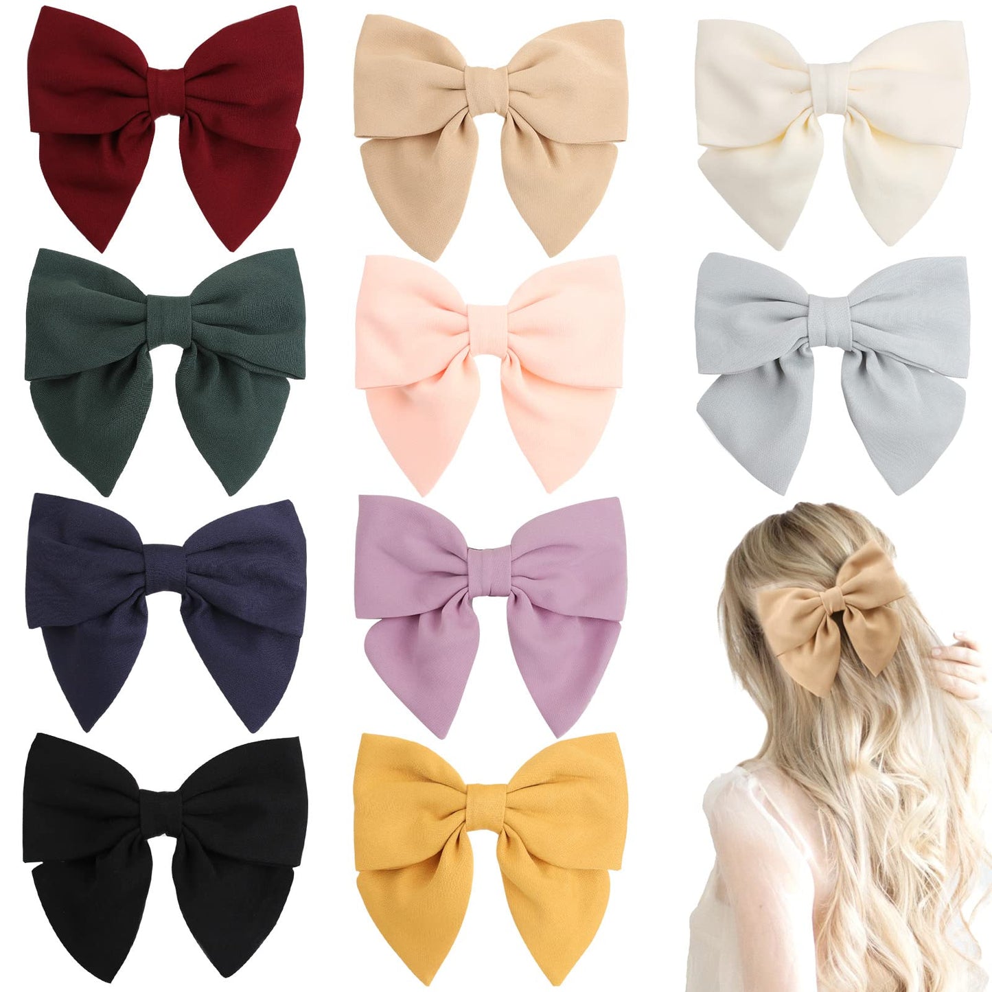 10 PCS Big Hair Bows for Women Girls, TOKUFAGU Hair Bow 8 Inch Hair Clips French Style Barrette Black Bow for Girl Hair Accessories (12 Colors)