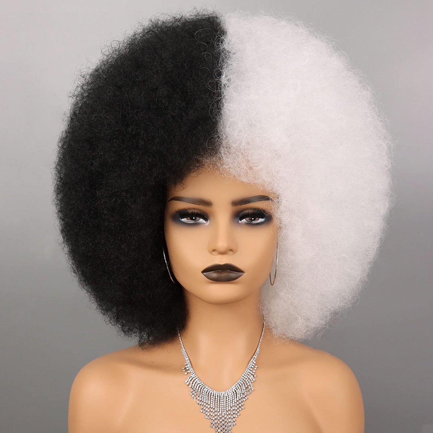 Wallden Hair 10 Inch Afro Wig Black and White Wig for Women Heat Resistant Wig With Bangs Synthetic Afro Puff Wig for Costume Cosplay Halloween Party Use (Black and White)