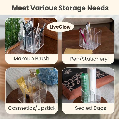 LiveGlow Clear Makeup Brush Holder,Acrylic Rotating 360°Makeup Brush Organizer,Pen holder with 4 Grids,Makeup Holder for Courtup,Containers for Desk,2pc