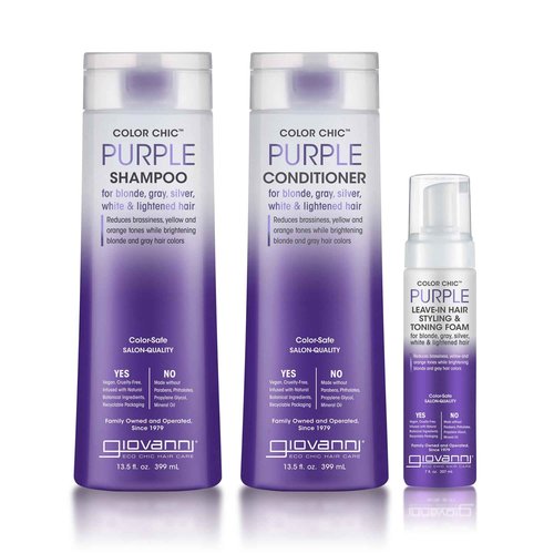 GIOVANNI Color Chic Purple Shampoo, Conditioner, & Styling & Toning Foam for Blonde, Gray, Silver & Bleached Hair, Reduces Brass Tones, Adds Shine, Vegan - 13.5 fl oz & 7 fl oz Mousse (Set of 3)