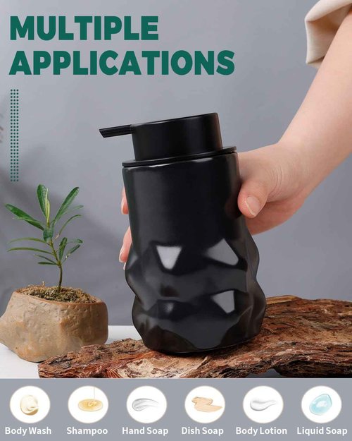 BosilunLife Hand Soap Dispenser - Foam Soap Dispenser Bathroom Ceramic Dish Liquid Soap Dispenser for Kitchen, Bathroom Countertop Soap Dispensers (Black-Foam-Sculpt)