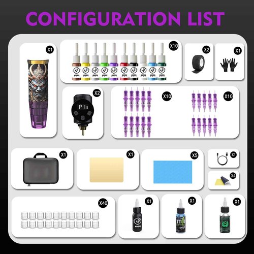 Tattoo Kit Tattoo Gun Wireless Tattoo Machine with 2 Batteries, Tattoo Ink Color Set, 20Pcs Tattoo Needles and Full Accessories Tattoo kit Complete for Beginners(Purple)