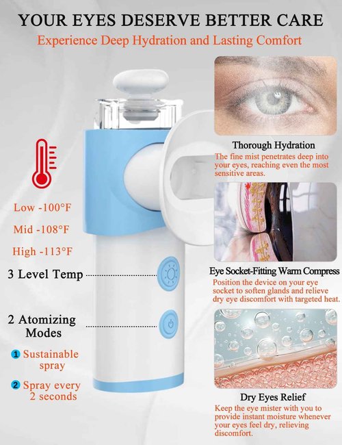 Eye Steamer for Dry Eye - Vowleike Portable Heated USB Nano Eye Mist Sprayer with Warm Compress for Dry Eyes & Stye Relief, Rechargeable Eye Drops Steamer for Home, Office & Travel, Light Blue